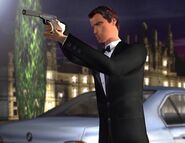 James Bond (Pierce Brosnan) 3D pixel version along with his BMW 750iL (E38) (resembling the BMW 5-series) in the Chateau level for the PSX of the cancelled Tomorrow Never Dies The Mission Continues game beta