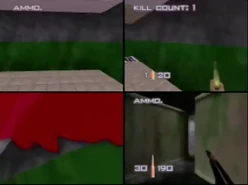 Multiplayer screenshot of the "Man with the Golden Gun" mode, where the third player was killed by the second carrying the 