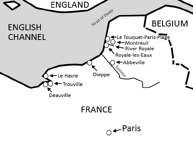 Map of northern France showing location of fictional town Royale-les-Eaux.