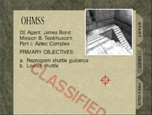 A mission dossier for the infamous Aztec bonus level. The red crosshair used to navigate the menus is also used as an aiming indicator in the game itself.