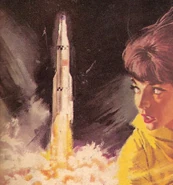 The Moonraker rocket, as depicted on the cover of Pan's 1962 paperback edition of Moonraker (1962).