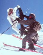 Promo picture for A View to a Kill (film): Snowboarding James Bond smacking a Soviet ski trooper that is holding a Vz. 58