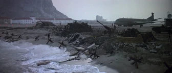 Gibraltar Airport / RAF Gibraltar and Devils Tower camp barracks in the background, as seen in The Living Daylights (1987).