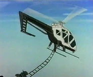 Jaws and Nick Nack cling to the helicopter's rope-ladder ("Avalanche Run").