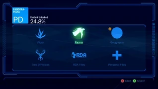 Pandorapedia menu screen from Avatar: The Game.