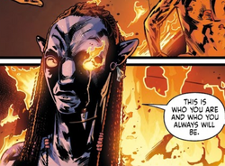 Neytiri, with her eye on fire, tells Jake he will always bring suffering onto others and will never change.