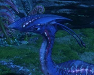 A close-up of a mature meer deer's head at night, showing off its bioluminescent pattern.