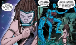 Spider being criticized by Neytiri for treating the old battlefield like a playground.