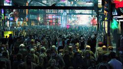 People wear face masks to breathe in the polluted air; it seems most simply walk in the streets instead of using cars.