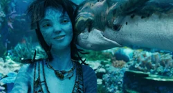 Kiri happily befriending an ilu in the ocean.