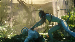 Neytiri dragging Jake from the bulldozers.