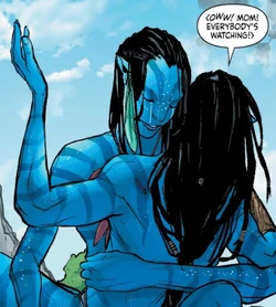 Neytiri embracing Lo'ak after his fall.