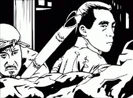 秀吉の父・中村の弥右衛門（竹阿弥）像（右側の人物）