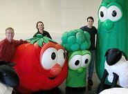 Bob and Larry pose with Michael Barnard (director), Michael Curry (costume designer) and Mike Nawrocki (co-creator of VeggieTales).