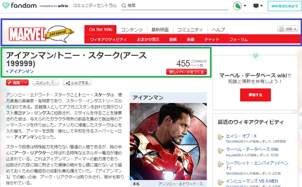 青枠が現状のページヘッダー、緑が現状の記事ヘッダーです。