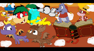 A scene from the movie featuring Maralyn Koopa, Luna the Dragoness, Spyro the Dragon, Sparx, Snowball, Flurr, Yoyo and Doc Croc all flying high in the sky as they approach the battlefield.