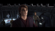 Im Vordergrund steht Anakin auf einem Jedi-Kreuzer. Im Hintergrund sieht man Kenobi und einige Klone auf der Brücke.
