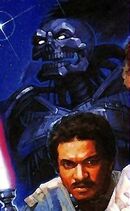 Lando und ein YVH 1-1A Droide.