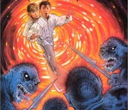 Tash und Zak auf dem Schwebeboard und einige Enzeen.