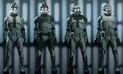 Die Klon-Einheiten der 181.Panzerdivision. Von links nach rechts: Angriffstruppler, Schwerer Truppler, Offizier und Scout-Truppler.