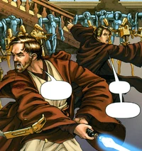 Obi-Wan und Anakin werden von Kampfdroiden umzingelt.
