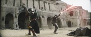 Boba Fett und Din Djarin kämpfen Seite an Seite in Mos Espa.