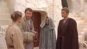 Nur von der Seite sieht man Beru. Neben ihr steht Owen, der sich mit ihr unterhält. Ihnen gegenüber stehen Padmé und Anakin. Padmé trägt ein graues Outfit und hat die Kapuze übergezogen, sodass nur ihr Gesicht zu sehen ist. Neben ihr steht Anakin in seiner Jedi-Robe.