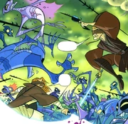 Anakin und Obi-Wan kämpfen mit verbundenen Augen.