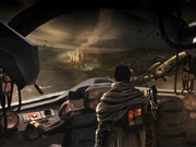 Starkiller und Crew blicken auf  aus Schrott.