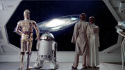 Luke, Leia, R2, 3PO vor einer Galaxis