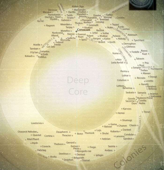 Karte der Kernwelten mit einigen Planeten.Mit einem Klick auf die Planeten oder deren Namen gelangt man zum jeweiligen Artikel.