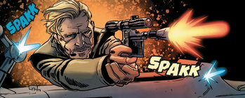 Beckett mit seiner Blasterpistole