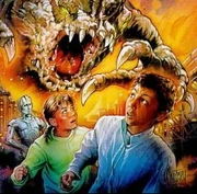 Deevee mit Tash und Zak, die vor einem Rancor fliehen.