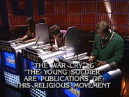 Jeopardy! 1992-1993 Final Jeopardy.png (336 KB) And the lights dim during Final Jeopardy!. Notice the spotlights behind the contestants as well as the Final Jeopardy! logo on the television monitors.