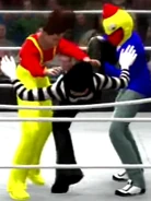 The Mime being double teamed by Candyman and the Slim Jim Guy.