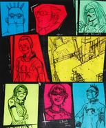 Various early takes on characters including two pictures of Beat.