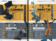 Boogie, Combo, Rhyth, and Garam's profiles in the Jet Set Radio Future Perfect Guidebook.