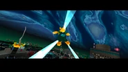 The Golden Rhinos mascot in the process of exploding, soon to destroy the newly built headquarters.
