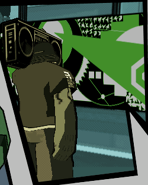 Combo looking at the Golden Rhinos graffiti in a chapter 2 cutscene.