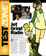 The US Official Dreamcast Magazine Jet Grind Radio review start page which showcases screenshots of Beat, Corn/Tab, DJ Professor K, the police, and artwork of Gum.