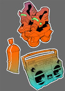 Concept art of certain items such as skates, a graffiti can, and a radio.
