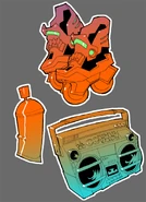 Concept art of certain items such as skates, a graffiti can, and a radio.