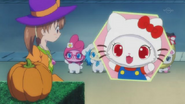 Ruby dressed as Hello Kitty with Sapphie next to her.