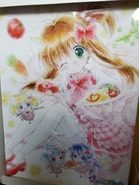 Merchandise of an illustration of Akari with chibis Miria, Sara and Alma printed on a canva. (Source)