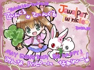 Small illustration of Akari holding a lucky clover with Ruby and Labra. (Source)