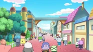 A green-looking cat Jewelpet with glasses walking in the middle of the street.