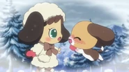 Yuku jumping on the girl Jewelpet, surprising her.