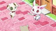 A Chite clone with cream fur and light brown spots walking down the town's street.