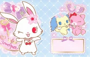 Ruby, Sapphie and Garnet on a decorative paper card.