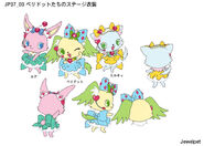 Reference sheet of Luna, Peridot and Miky in idol outfits for Strawberry Time. (Episode 37)